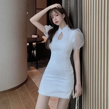 2022 модерен корейски стил, китайското подобряване на рокля ципао с пищни ръкави, винтажное рокля за младата дама, яката на капка вода, на източното вечерна рокля
