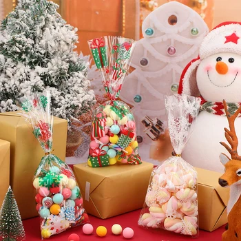 50шт Дядо Коледа Коледна Елха Лосове PVC Чанта Прозрачен Прозрачен Подарък Опаковка за Коледен Подарък Печене Бонбони, Бисквити Опаковъчни Торбички