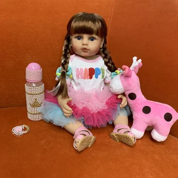 55 СМ Оригинален Пълен Корпус на Силикон Гъвкав Истинска Мека На Допир Reborn Baby Kid Pincess Къдрава Коса Мода Кукла За Момичета Коледен Подарък