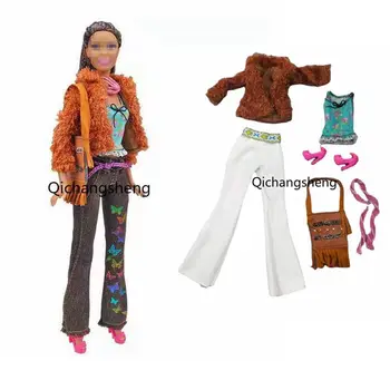 6 предмети/комплект, Модни Аксесоари за Кукли 1/6 BJD, Дрехи за Барби, Екипировки, кафяви меховое палта, панталони, чанта, шал, риза, обувки, играчки