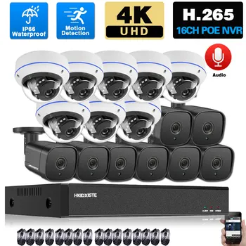 H. 265 IP ВИДЕОНАБЛЮДЕНИЕ Камера Система за Сигурност POE 4K 16CH NVR Комплект Външно IR за Нощно Виждане POE Система за Видеонаблюдение Комплект 8CH 8MP XMEYE