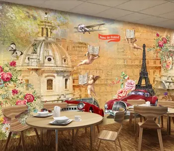 Изработена По Поръчка на 3D Стенопис Европейска Архитектура Малък Ангел Класически Автомобил Цвете Ресторант Бар на Открито Тапети Декора на Стените