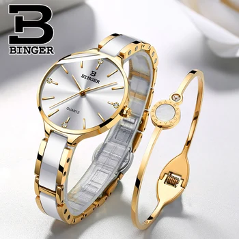 Истински Швейцарската Марка BINGER Дамски кварцов часовник със златен стоманена каишка, керамични модерни ежедневни водоустойчиви дамски рокли