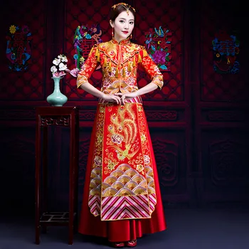 Китайското Традиционната Рокля ципао Червено С Дълъг Ръкав Ципао Ориенталски Рокли С Бродерия Сватбени рокли Източен Халат vestido chino