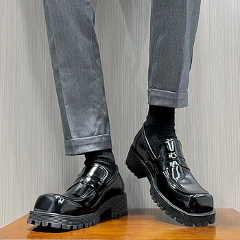 Мъжки модел обувки без шнур от лачена кожа, Ежедневни лоферы, мъжки обувки-дерби на Платформата, мъжки офис бизнес обувки с Квадратни пръсти