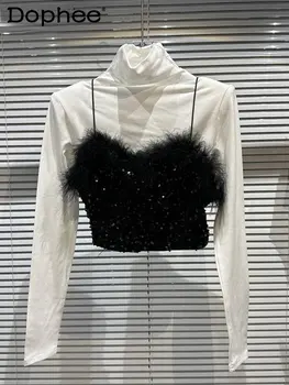 Нова Мода Пайети Контрастен Цвят Перо Прашка За Жени Тънък Поло Пуловер С Дълги Ръкави Комплект От Две Части 2022 Есен