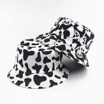Черно-бяла рибарска Шапка с шарени крави, дамски нова двустранен шапка за басейна, мъжка лятна градинска шапка с чадър