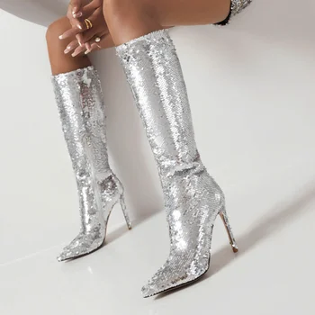 2022 пролетта ботуши до коляното с кристали и пайети, модерни обувки на тънък ток 10 cm, къси плюшени лъскави кожени ботуши, размер 34-43, дамски обувки